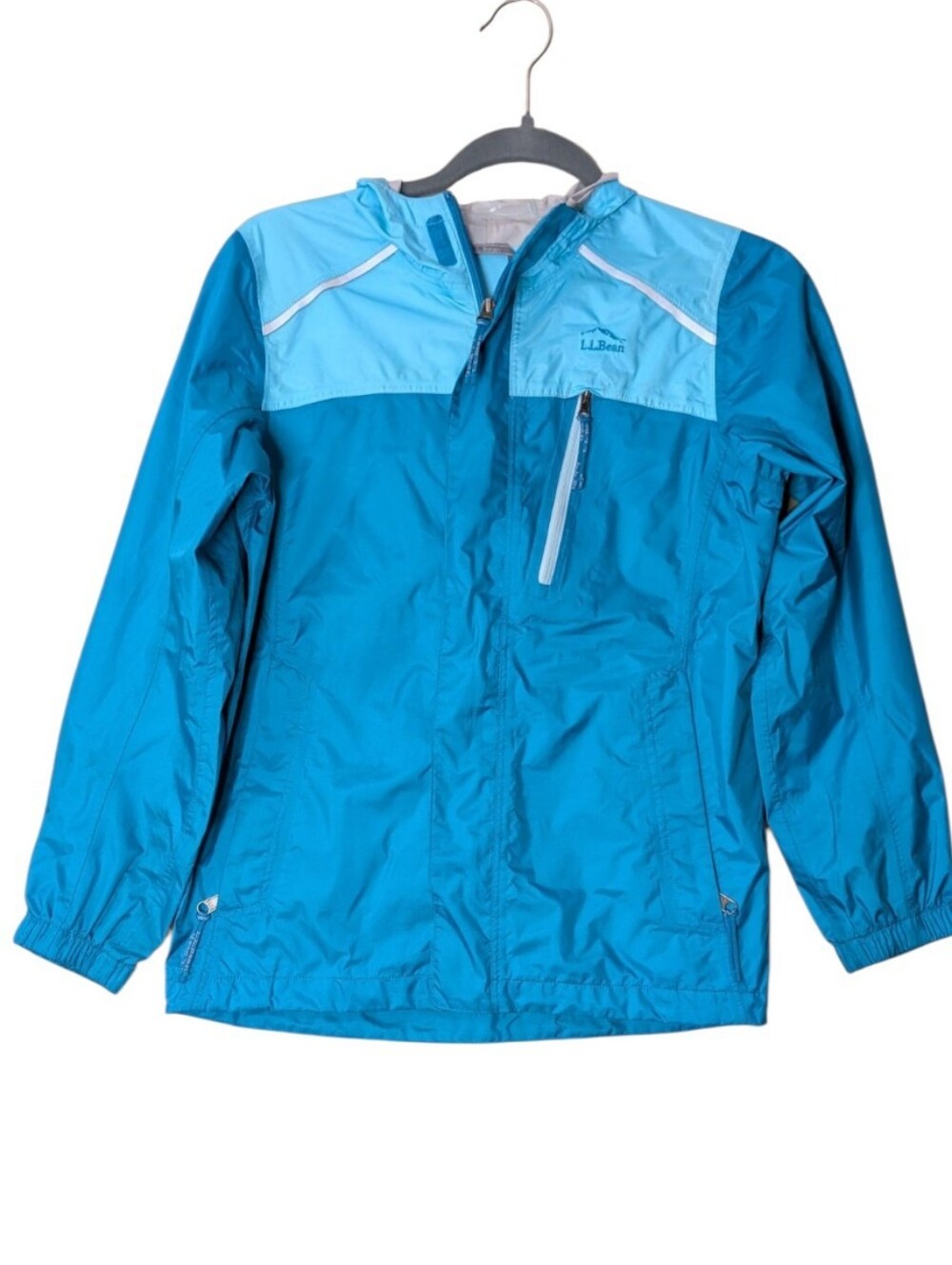 LL Bean Youth Trail Model Rain Jacket Teal Aqua Blue Hooded Shell size Medium